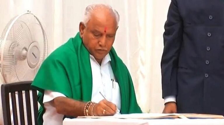 BS Yediyurappa signing after taking oath as Chief Minister on July 26, 2019.