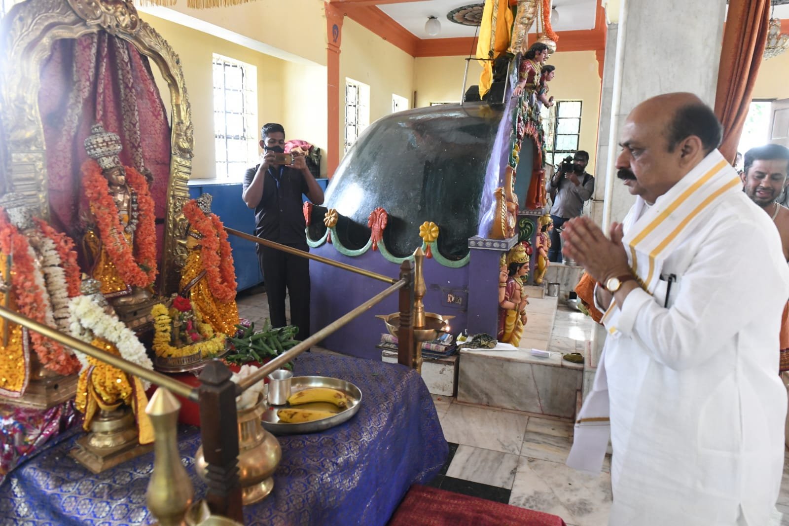CM Bommai at a temple before budget presentation in Bengaluru on March 4, 2022
