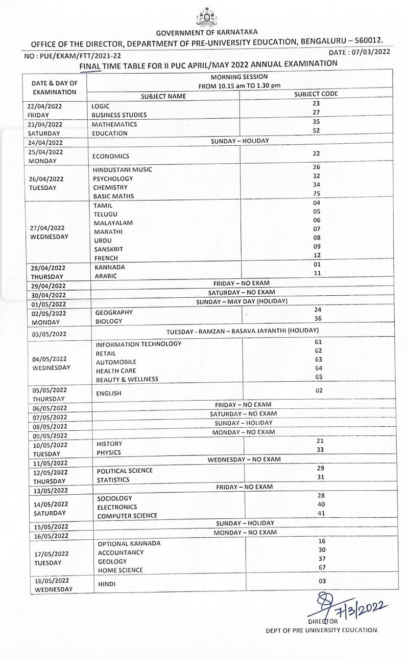 Karnataka PUC II Exams From April 22; Time Table Released 1 Karnataka PUC II Exams From April 22; Time Table Released