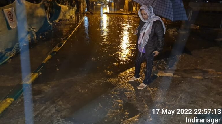 BBMP's Storm Water Drain Chief Engineer Suguna inspecting at Indiranagar during Tuesday's (May 17) heavy rains.