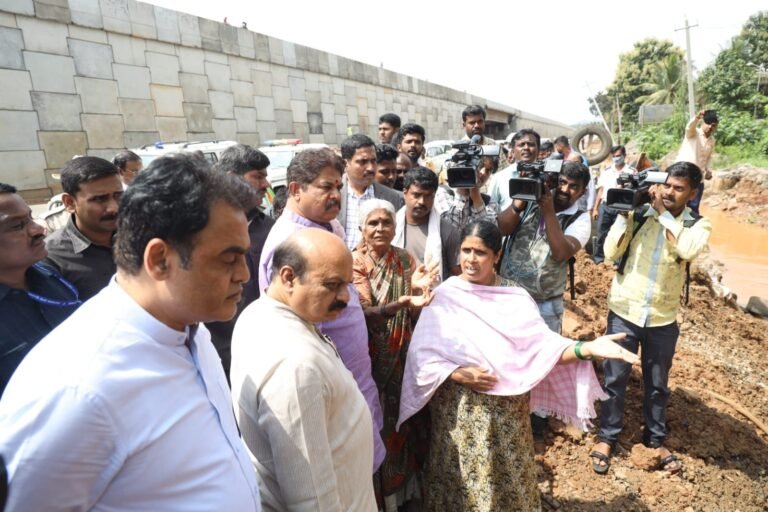 Revenue Minister R Ashoka inspecting Rain affected areas in Ramnagar along with Chief Minister Basavaraj Bommai and Minister Ashwathnarayan