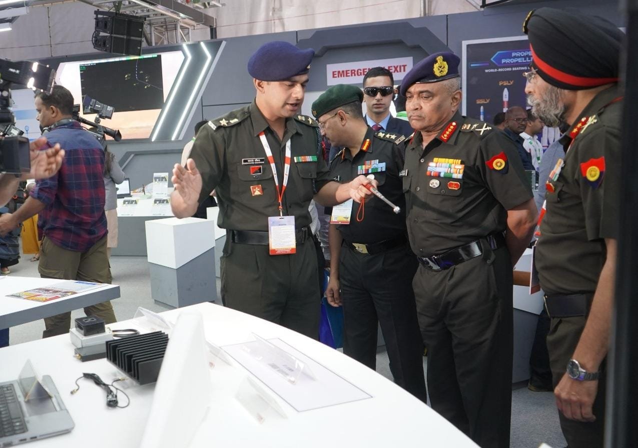 Army Chief General Manoj Pande reviews innovative projects undertaken by personnel at Aero India