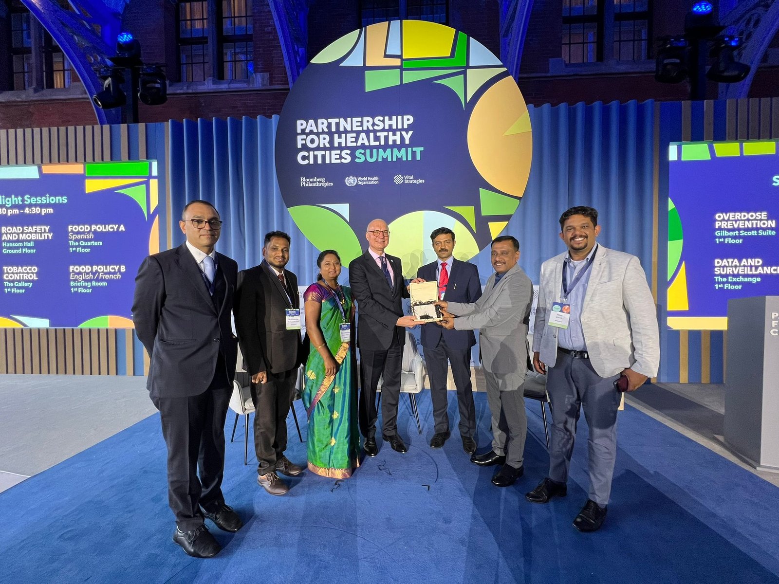 IAS officer and BBMP's health special commissioner Dr K V Trilok Chandra received the honour of a global award for tobacco control efforts on Wednesday at the inaugural Partnership for Healthy Cities Summit held in London. Also Seen in the picture are BBMP's Chief Health Officer Dr. Balasundar, Bengaluru-based Oncologist Dr. Vishal Rao, and others.