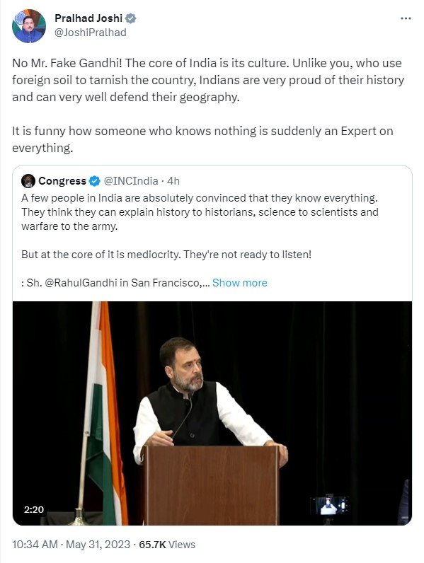 BJP's Pralhad Joshi slams Rahul for using foreign soil to 'tarnish' country, dubs him 'Fake Gandhi'