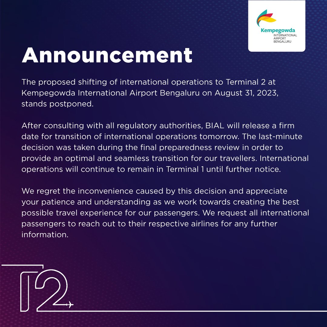 Bengaluru airport's Terminal 2 to commence international operations from Sept 12 1 Bengaluru airport's Terminal 2 to commence international operations from Sept 12
