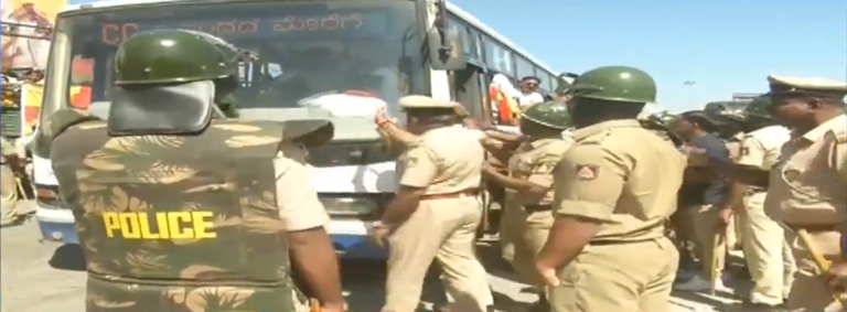 Karnataka Rakshana Vedike activists detained for violent protest against English boards, demanding '60% Kannada' on all signboards 1 Karnataka Rakshana Vedike activists detained for violent protest against English boards, demanding '60% Kannada' on all signboards