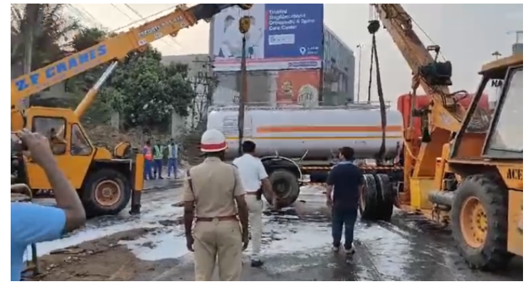 Tanker Overturns in Electronic City, Petrol Leak Causes Chaos