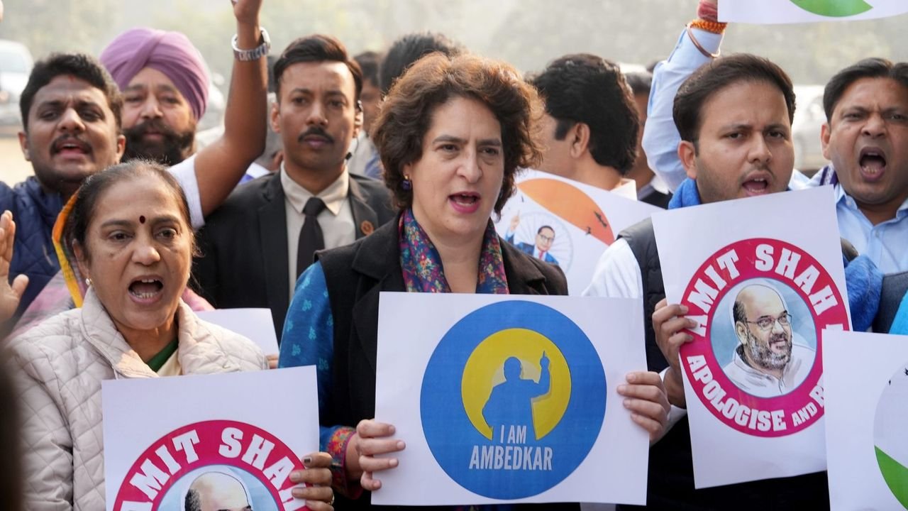 Ambedkar row: Opposition MPs hold protest against Amit Shah at Vijay Chowk 1 Ambedkar row: Opposition MPs hold protest against Amit Shah at Vijay Chowk