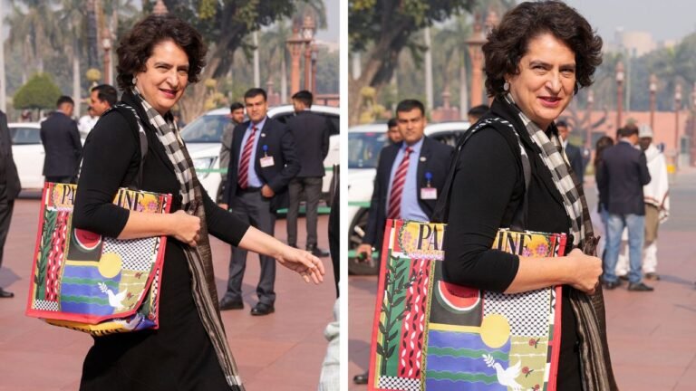 Days after meeting Palestinian envoy, Priyanka carries bag emblazoned with 'Palestine' to Parliament 12 Days after meeting Palestinian envoy, Priyanka carries bag emblazoned with 'Palestine' to Parliament