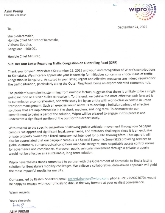Wipro Rejects CM Siddaramaiah’s Request on Opening Sarjapur Campus Road, Calls for Scientific Study on Bengaluru’s ORR Traffic