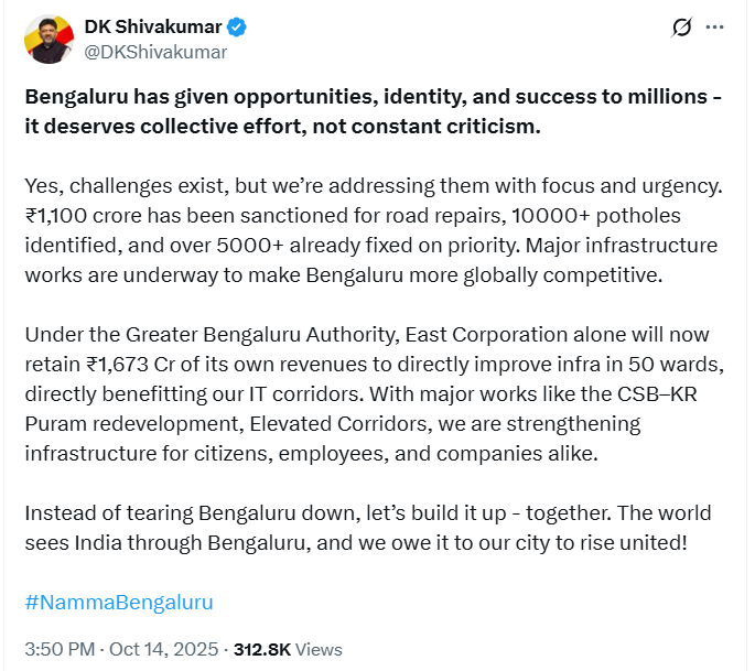 “Potholes, Patience, and Politics: Kiran Mazumdar-Shaw’s X post on Bengaluru Roads Sparks Congress–BJP War of Words” 4 “Potholes, Patience, and Politics: Kiran Mazumdar-Shaw’s X post on Bengaluru Roads Sparks Congress–BJP War of Words” DK Shivakumar's reply