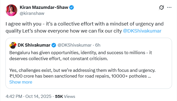“Potholes, Patience, and Politics: Kiran Mazumdar-Shaw’s X post on Bengaluru Roads Sparks Congress–BJP War of Words” 5 “Potholes, Patience, and Politics: Kiran Mazumdar-Shaw’s X post on Bengaluru Roads Sparks Congress–BJP War of Words”