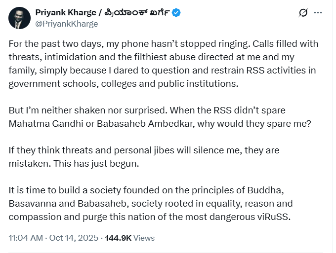 “Threat Calls, Public Debates, and the RSS Ban Row: Priyank Kharge vs BJP Turns into a Political Showdown”