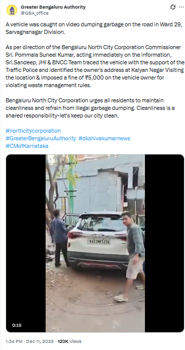 Caught on Camera: Bengaluru North City Corporation Fines Vehicle Owner ₹5,000 for Dumping Garbage in Sarvagnanagar
