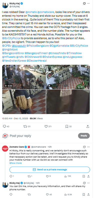 Grammy Winner Ricky Kej Alleges Delivery Rider Trespassed Into His Bengaluru Home; Zomato Launches Probe After CCTV Evidence Surfaces 2 Grammy Winner Ricky Kej Alleges Delivery Rider Trespassed Into His Bengaluru Home; Zomato Launches Probe After CCTV Evidence Surfaces