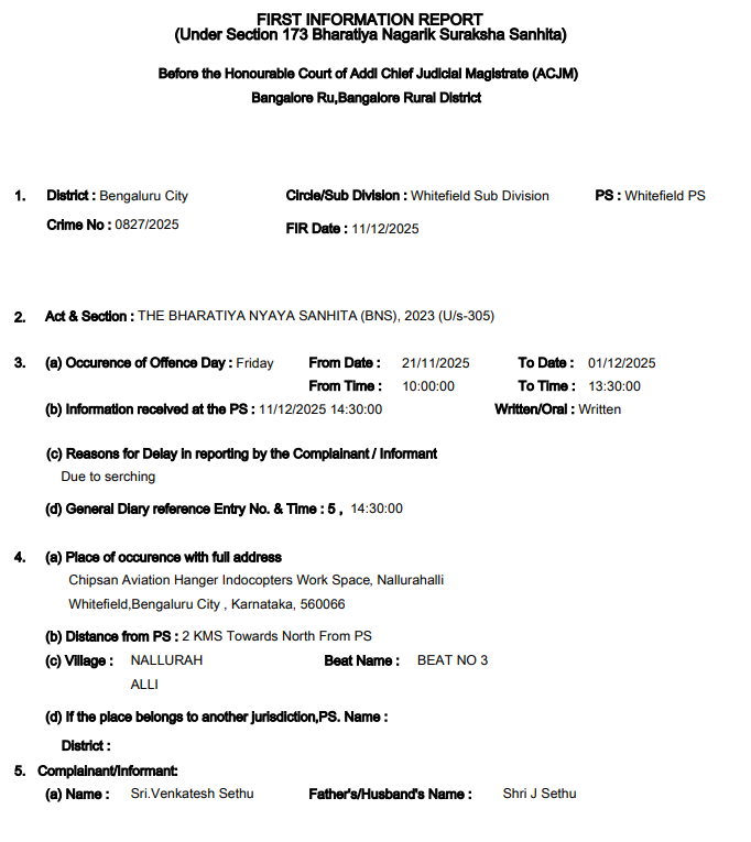 Helicopter Parts Theft in Bengaluru: Costly Dual Control System Stolen, Maintenance Staff Under Suspicion 2 Expensive helicopter spare parts stolen in Bengaluru: Complaint at Whitefield police station, suspicion on maintenance staff