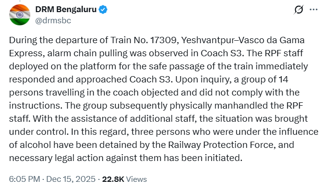 Chain Pull Sparks Violence: Three Drunk Passengers Detained for Attacking RPF at Yeshvantpur 3 Chain Pull Sparks Violence: Three Drunk Passengers Detained for Attacking RPF at Yeshvantpur
