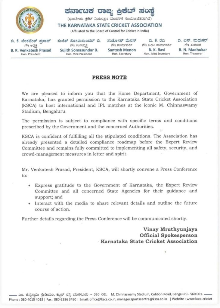Karnataka Govt Lifts Ban on Matches at Chinnaswamy Stadium, KSCA Allowed to Host IPL Again 2 Karnataka Govt Lifts Ban on Matches at Chinnaswamy Stadium, KSCA Allowed to Host IPL Again