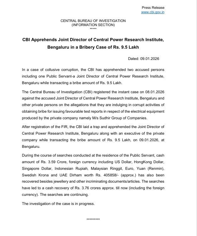 CBI Arrests CPRI Joint Director in Bengaluru for ₹9.5-Lakh Bribe; ₹3.76 Crore Cash Recovered 2 CBI Arrests CPRI Joint Director in Bengaluru for ₹9.5-Lakh Bribe; ₹3.76 Crore Cash Recovered