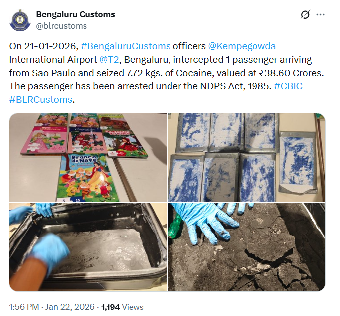 Passenger Arriving from Brazil Held with Cocaine Worth ₹38.6 Crore at KIA