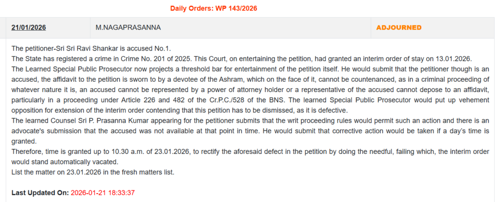 Affidavit Row in Sri Sri Ravi Shankar Case: High Court Sets Deadline, Stay at Risk