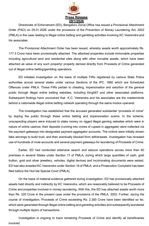 ED Provisionally Attaches ₹177.3 Crore Assets in Illegal Online Betting Case Involving KC Veerendra 2 ED Provisionally Attaches ₹177.3 Crore Assets in Illegal Online Betting Case Involving KC Veerendra