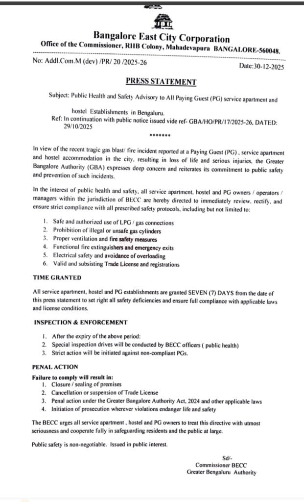 After Gas Blasts, Bengaluru East Corporation Issues Strict Safety Ultimatum to PGs 2 After Gas Blasts, Bengaluru East Corporation Issues Strict Safety Ultimatum to PGs