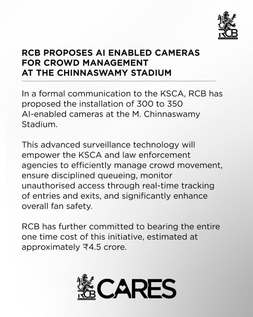 RCB Steps In Where Systems Fail: AI Cameras Proposed to Manage Chinnaswamy Stadium Crowds 2 RCB Steps In Where Systems Fail: AI Cameras Proposed to Manage Chinnaswamy Stadium Crowds