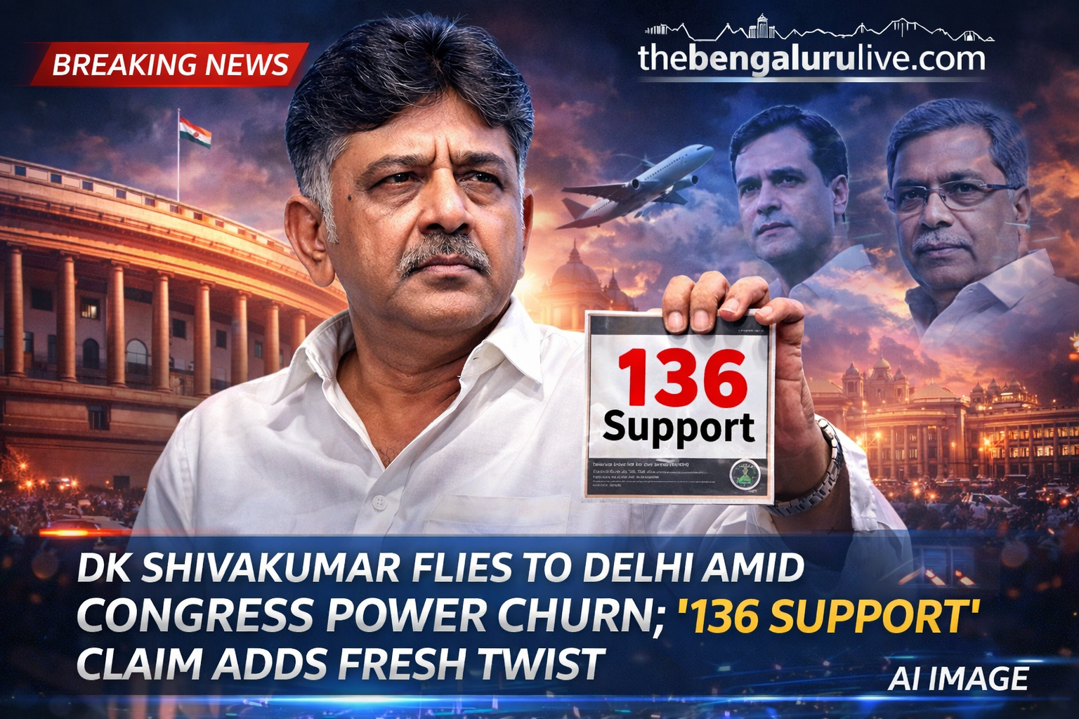 DK Shivakumar Flies to Delhi Amid Congress Power Churn; ‘136 Support’ Claim Adds Fresh Twist