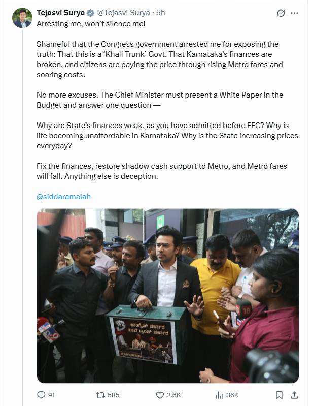 Bengaluru South MP Tejasvi Surya Briefly Detained During Protest Against Metro Fare Hike