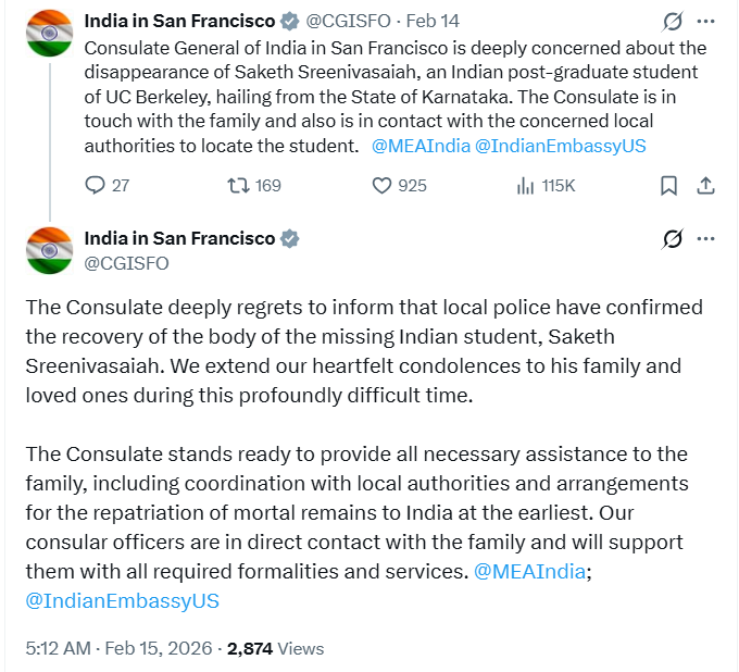 Tragic Update: Missing Indian Student Saketh Sreenivasaiah Found Dead in California; Consulate Assures Full Support to Family